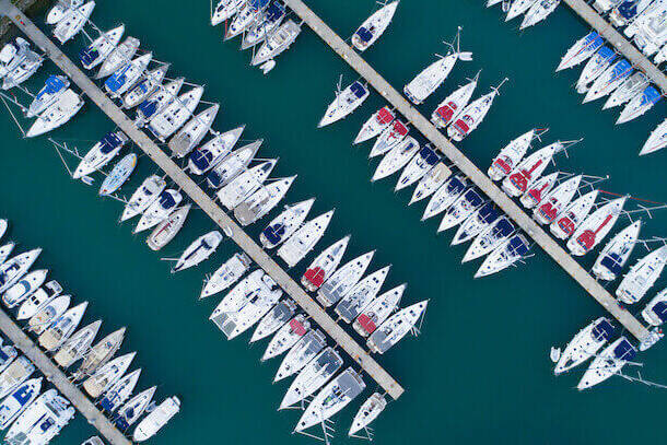 A drone view of a marina